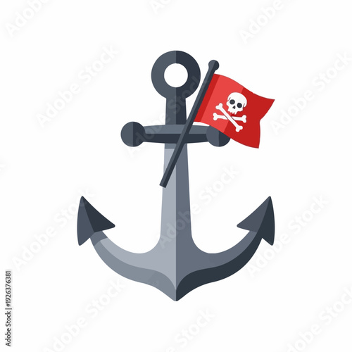 Anchor displays a red pirate flag with a white skull and crossbones symbol against a plain background for maritime adventure concepts.
