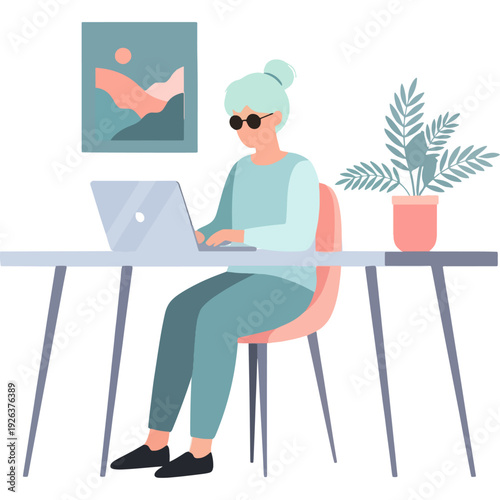 A person working on a laptop surrounded by books and indoor plants in a cozy home office. Vector