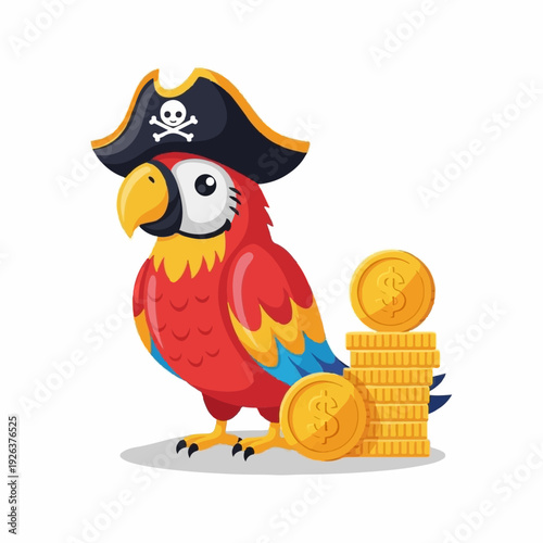 Colorful parrot mascot wearing a black pirate hat stands beside tall stacks of shiny gold coins featuring dollar signs on a white background.
