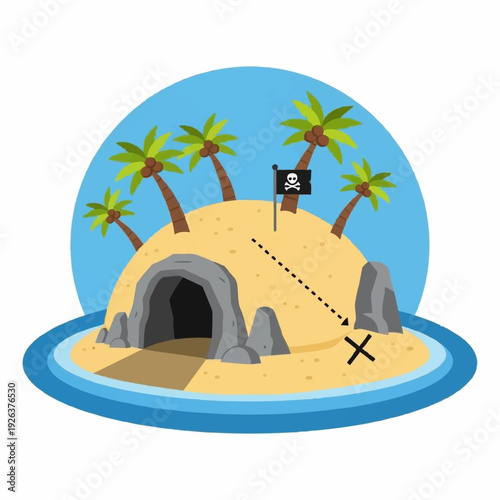 Cartoon pirate treasure island features a sandy mound, cave entrance, palm trees, and an X marking the spot for buried riches.