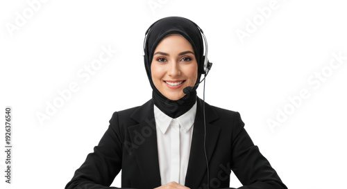 Photo-realistic portrait of smiling Muslim customer service agent wearing headset.