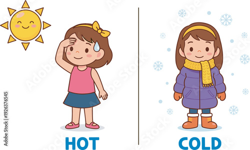 Hot and cold weather concept illustration, cute girl in summer heat and winter clothing comparison