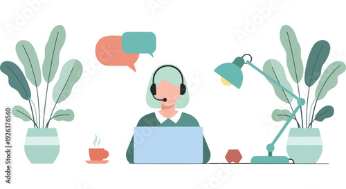 Person engaged in remote work and virtual communication with headphones on Vector