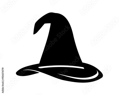 Simple black and white silhouette drawing of a classic wizard hat