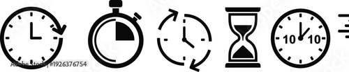 Set of black time and clock icons with stopwatch hourglass and countdown symbols for productivity schedule management and deadline concepts