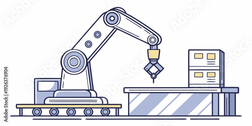 Industrial robotic arm assembling electronic components on a production line conveyor belt