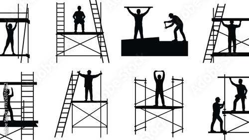 Silhouette construction workers on scaffolding towers with ladders raising arms victory celebration teamwork success achievement building site industrial project hard work