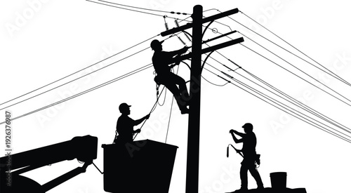 Silhouette electrical linemen repairing high voltage power lines on utility pole teamwork safety hard work utility maintenance construction industry workers