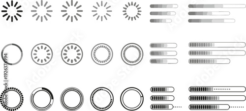 Digital loading bar and progress indicator icons with circular buffering loaders and horizontal status bars for web design and app interface