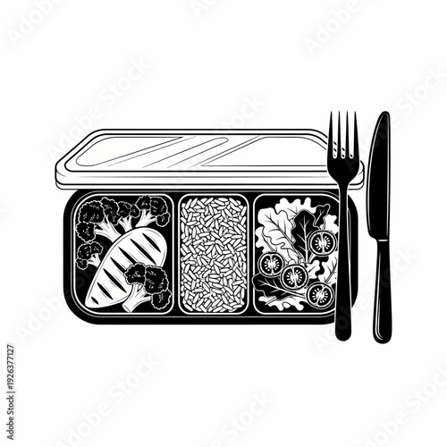 Healthy meal prep with chicken, rice, vegetables in a container next to cutlery. This image features a meal with balanced nutrition for a healthy lifestyle. 