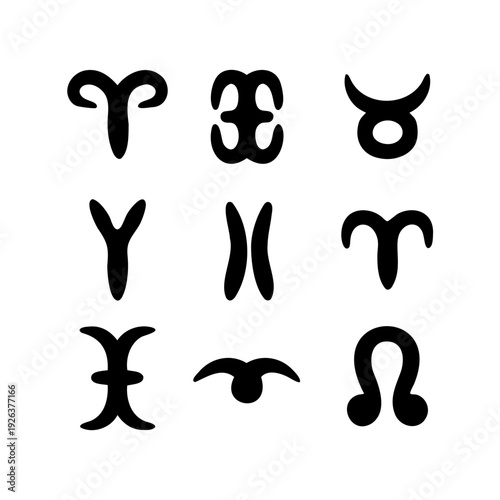 Collection of artistic black and white glyphs representing astrological zodiac signs