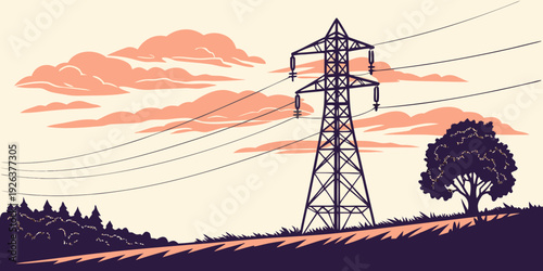 Power lines towering over a serene countryside landscape under a cloudy sky