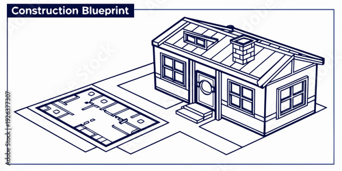 Architectural blueprint of a residential house with floor plan layout