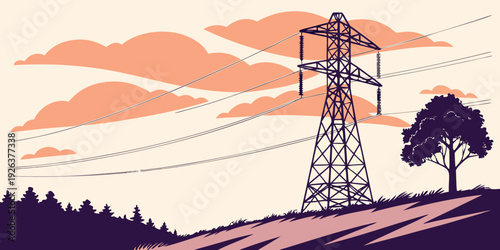 A serene landscape featuring a lone power transmission tower amidst a tranquil forest.