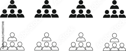 Business team hierarchy icons with leader and followers in solid and outline style for organizational structure corporate leadership and management