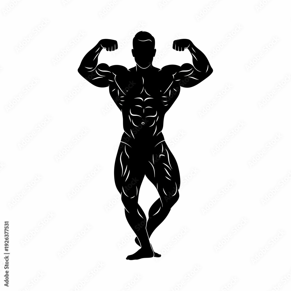 Obraz premium A black silhouette of a muscular bodybuilder posing, emphasizing strength and physique