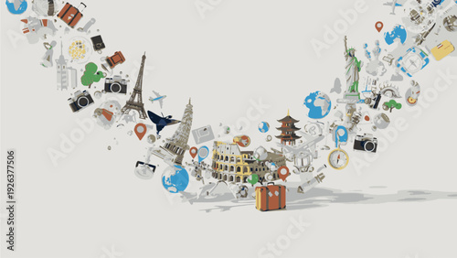 A curved line of various travel-related icons swirling outward from a central point against a light gray background.