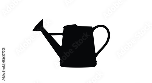 A stark black silhouette of a classic watering can
