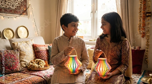 Wallpaper Mural Happy Children Holding Lanterns Celebrating Eid at Home Torontodigital.ca