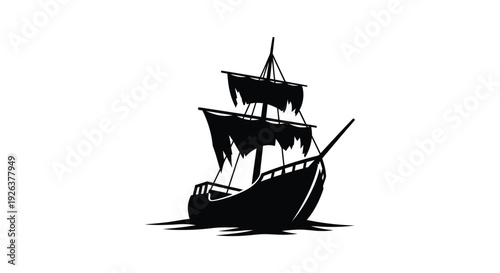 Detailed black ship illustration with dramatic sails a striking silhouette