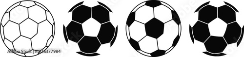 Black and white soccer ball vector icon set with outline, geometric pentagon patterns, football sports equipment illustrations for athletic designs.
