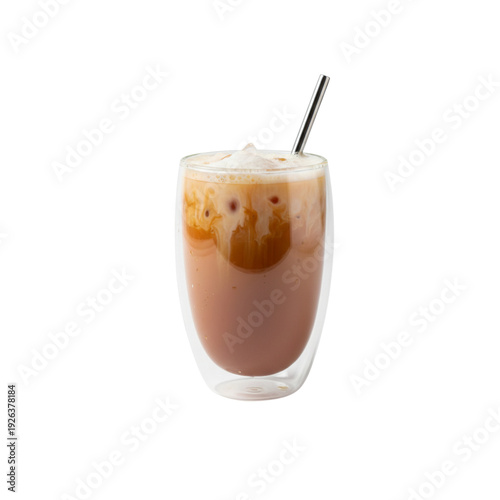 An isolated cold beverage of brown espresso and milk foam creates a sweet iced cappuccino or latte frappe served as a refreshing coffee drink in a glass cup