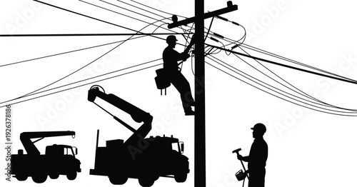 Silhouette electrical linemen repairing high voltage power lines utility pole bucket truck teamwork safety hard work utility maintenance industry workers