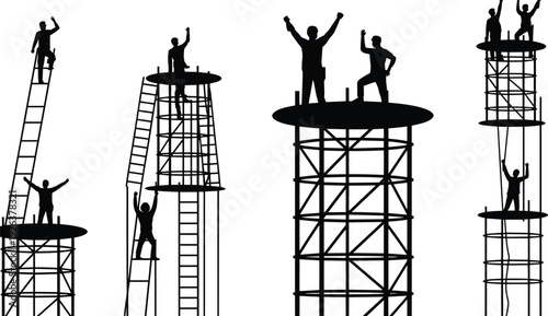 Silhouette of construction workers on tall scaffolding raising arms in victory, celebrating team success and achievement at building site construction project