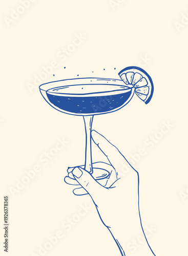 Margarita cocktail in hand monochrome line art poster, banner, print, card, wallpaper. Retro restaurant branding, packaging design, social media visuals, etc. EPS 10