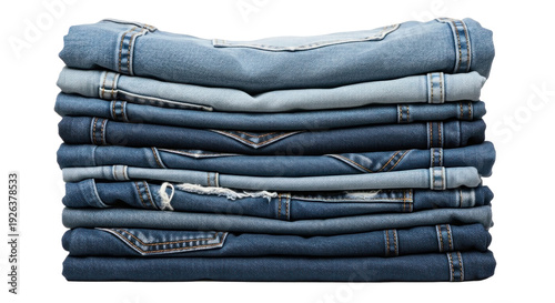 Clothing Apparel: Photo-realistic Stack of Folded Blue Denim Jeans Isolated on Black Background