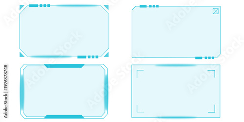 4 blue futuristic HUD frames vector collection. Includes rectangular and rounded corner designs with digital elements. Created in flat line style with a light blue palette.