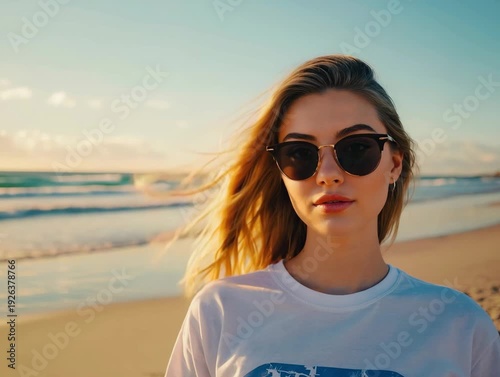 Portrait of a Beautiful Young Woman Wearing Sunglasses on a Sunny Beach at Sunset, 4K video
