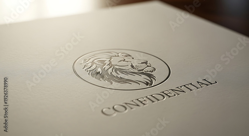 Confidential Document with Lion Emblem on Textured Paper Surface, Close-Up View of Business Security Concept