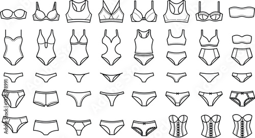 Women lingerie silhouette collection, bras, panties, corsets, bodysuits, tank tops, sports bras, diverse intimate apparel fashion illustration inspiration