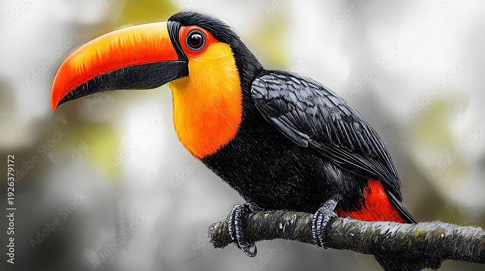 Fototapeta premium Toucan jungle branch pencil sketch realistic bird photo