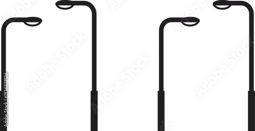 Street lamp silhouettes, curved pole outdoor lighting fixtures, modern lamppost designs, single arm streetlights, urban road illumination poles, black vector set, city elements