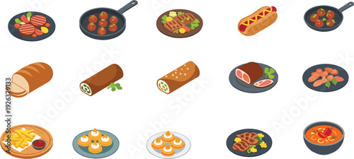 Collection of assorted food icons, meat dishes, bread, snacks, hotdog, fries, dumplings, soup, vector, flat, illustration, set, isolated, background, menu