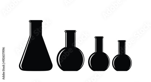 Four conical flasks in a row black silhouette