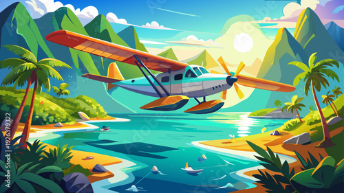Very beautiful seaplane approaching a tropical paradise island above turquoise sea under radiant sunshine.
