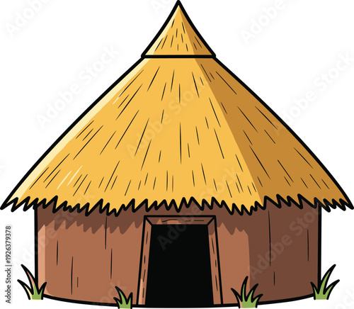 Traditional African thatched hut illustration round mud house conical straw roof village tribal architecture cartoon style vector clipart isolated
