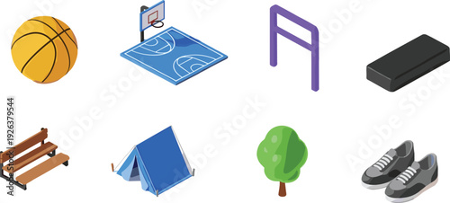 Isometric outdoor sports recreation icons featuring basketball court camping tent park bench fitness equipment sneakers nature activity lifestyle illustration set