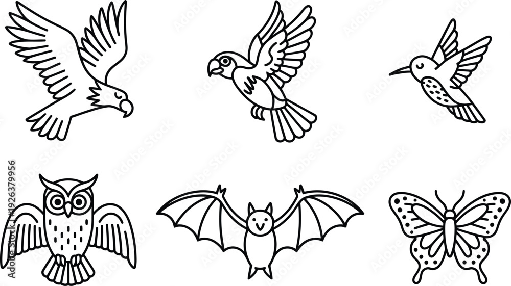 Fototapeta premium Collection of six hand-drawn, outline style animals including birds, owl, bat, and butterfly. Perfect for educational materials, children's books, or decorative designs.