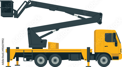 Truck mounted boom lift aerial work platform with basket elevated hydraulic crane construction maintenance industrial vehicle machinery equipment side view