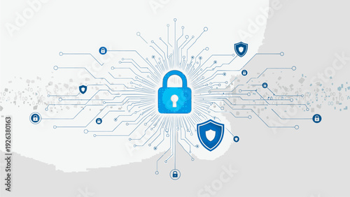 Digital illustration of a blue padlock surrounded by circuit board lines, shields, and nodes on a white and grey background, conveying cybersecurity concepts.