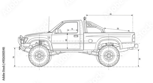 Pickup Truck Technical Drawing Side View.