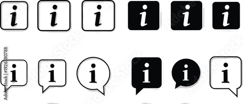 Black and white information icon set featuring letter i in speech bubbles and squares for help support guidance and interface,