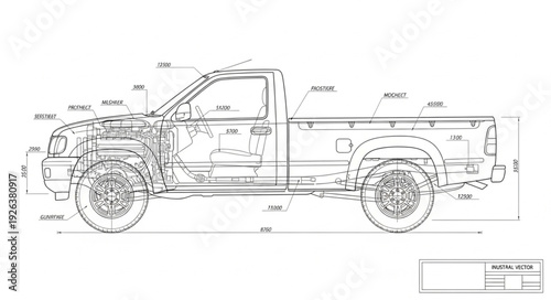 Pickup Truck Technical Drawing Illustration.