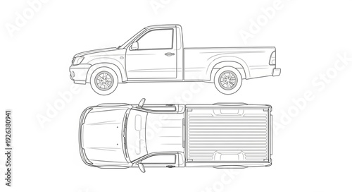 Pickup Truck Technical Drawing Illustration.