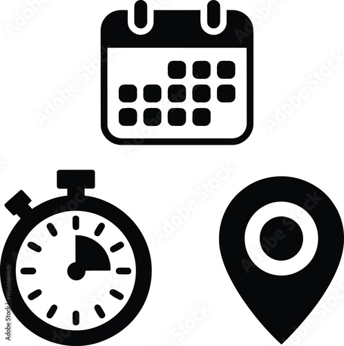 A black and white icon of a calendar, a location pin, and a stopwatch