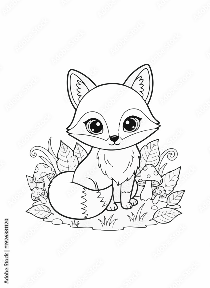 Obraz premium Adorable cartoon fox in whimsical foliage with big eyes in black and white line art for childrens coloring book